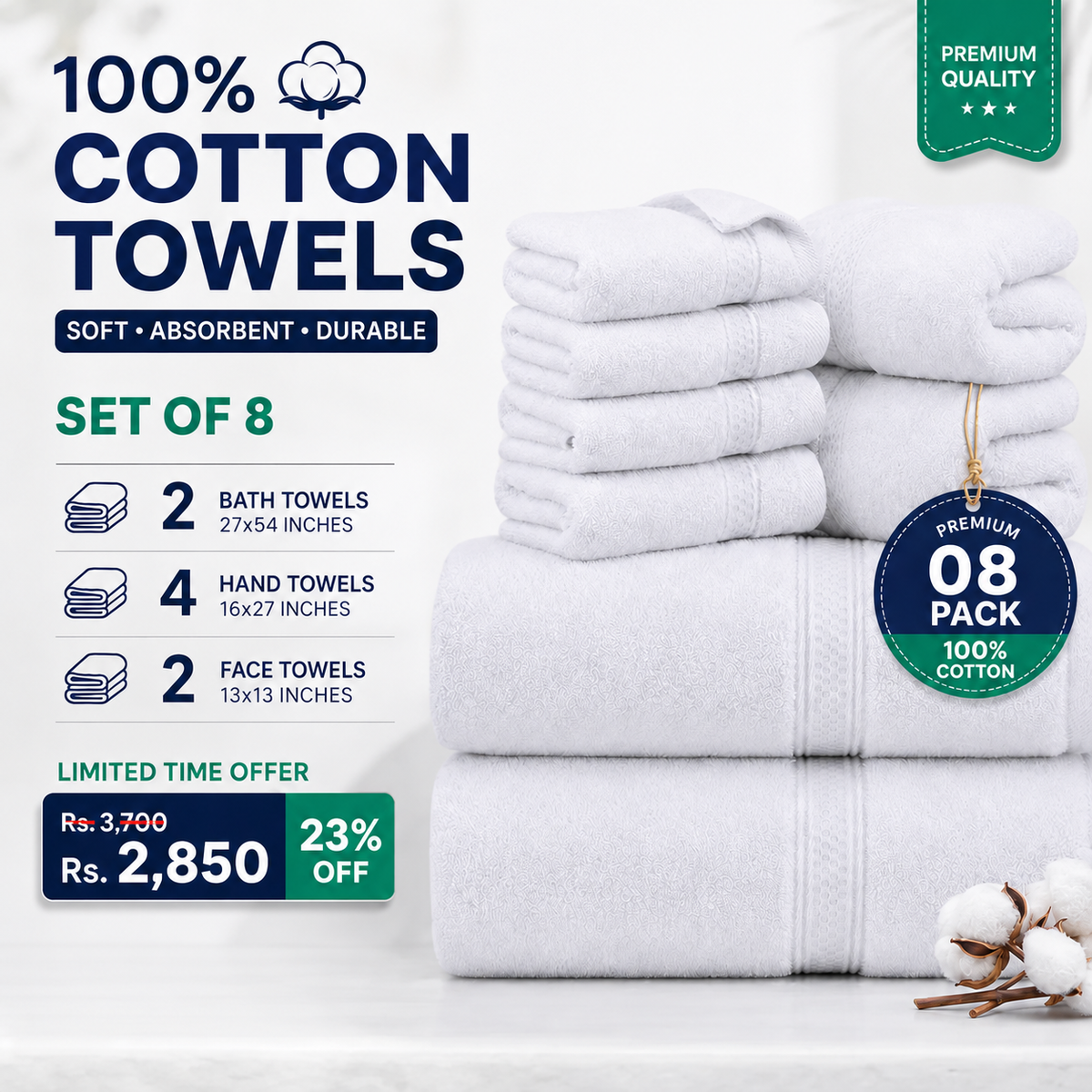 White Towels – 100% Cotton (Set of 8)